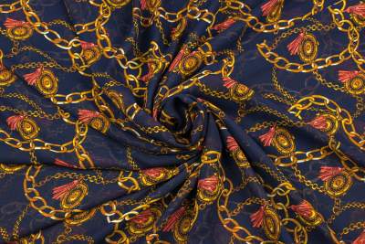 Tkanina Szyfon wzór łańcuchy kolor granatowy i pomarańczowy