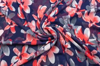 Tkanina Szyfon wzór Czerwone Kwiaty Kolor Granatowy