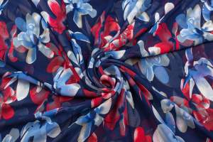Tkanina Szyfon wzór Niebieskie Kwiaty Kolor Granatowy