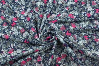 Tkanina Szyfon wzór Kwiaty małe kolor różowy i granatowy