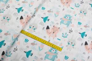 Tkanina bawełna wzór zwierzęta królik i lis kolor biały