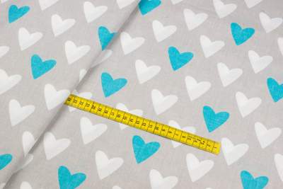 Tkanina bawełna wzór błękitne serca kolor szary