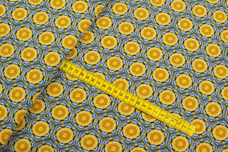 Tkanina Silki Wzór Geometryczny kolor miodowy i błękitny