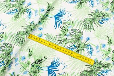 Tkanina Silki Wzór Liście kolor niebieski i zielony