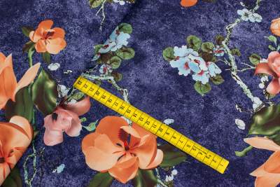 Tkanina Silki Wzór Kwiaty pomarańczowe kolor niebieski