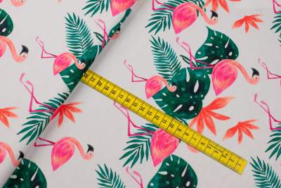 Dzianina dresówka pętelka wzór flamingi monstera kolor ecru