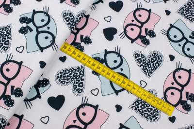 Dzianina dresówka pętelka wzór czarne koty kolor biały