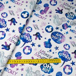 Dzianina Dresówka pętelka wzór niebieski Mysz kolor biały