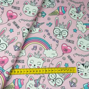 Dzianina Dresówka pętelka wzór koty kolor różowy