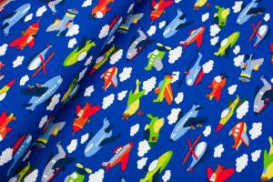 Jersey bawełniany wzór samoloty kolor niebieski