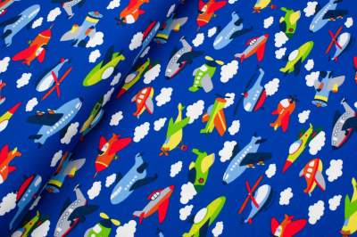 Jersey bawełniany wzór samoloty kolor niebieski
