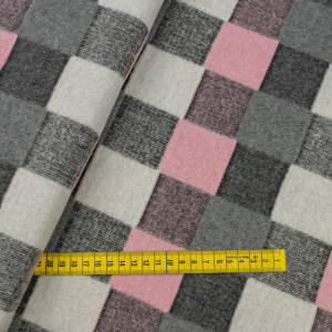 Tkanina płaszczowa wzór szachownica kolor szary melanż/ pudrowy róż/ szary
