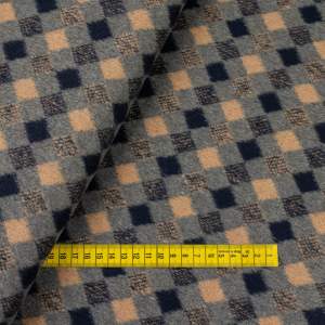 Tkanina płaszczowa wzór romby musztardowo-granatowe na szarym tle  