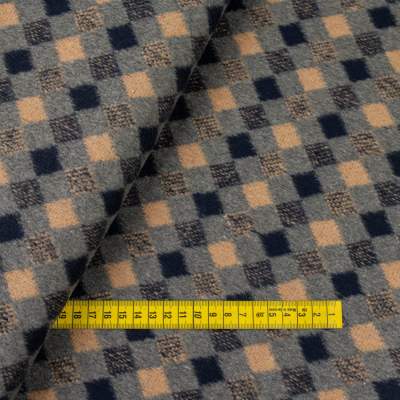 Tkanina płaszczowa wzór romby musztardowo-granatowe na szarym tle  