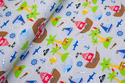 Jersey bawełniany wzór statki kolor jasnoszary