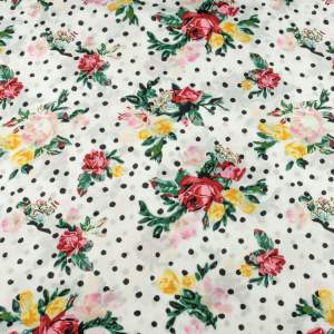 Tkanina Wiskoza wzór kwiaty i groszki na białym tle