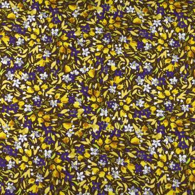 Tkanina Wiskoza – wzór kwiatki, tło brązowe