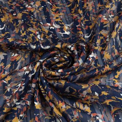 Tkanina Szyfon wzór kwiaty i pasy kolor granatowy