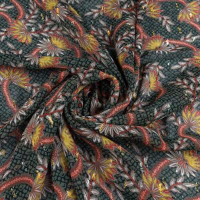 Tkanina Szyfon wzór kwiaty kolor khaki, złota nitka