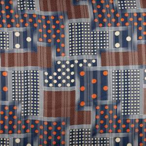 Tkanina Szyfon wzór kwadraty i grochy kolor granatowy, złota nitka