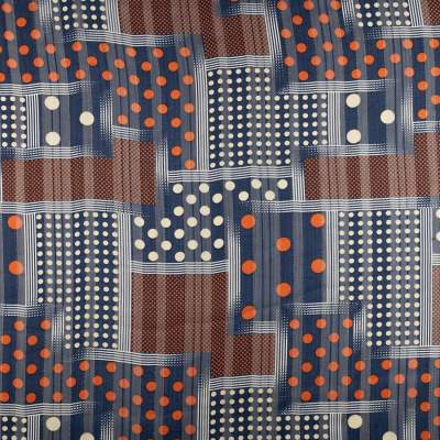 Tkanina Szyfon wzór kwadraty i grochy kolor granatowy, złota nitka