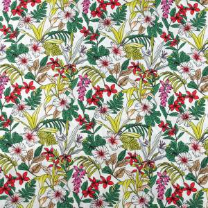 Tkanina Wiskoza – wzór zielone kwiatki, tło białe