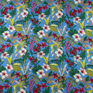 Tkanina Wiskoza – wzór kwiaty, tło niebieskie