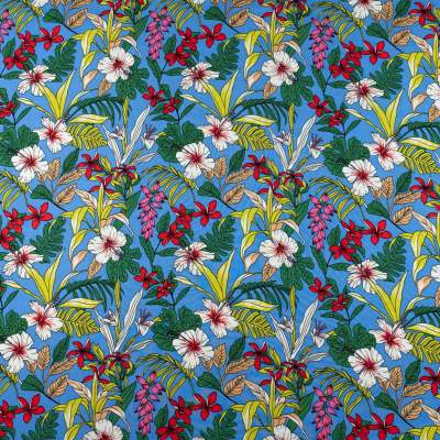 Tkanina Wiskoza – wzór kwiaty, tło niebieskie