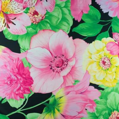 Tkanina wiskoza twill wzór kwiaty na czarnym tle