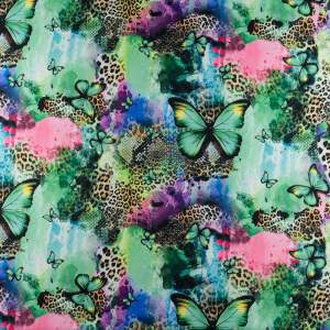 Tkanina Wiskoza Twill – wzór panterka i motyle, odcienie zielonego