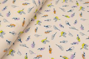 Tkanina silki wzór ptaki kolor brzoskwiniowy