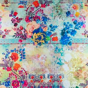 Tkanina Wiskoza Twill – wzór orientalny kwiaty, kolor pastelowy