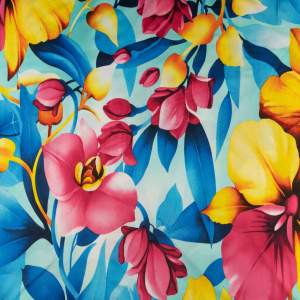 Dzianina ITY wzór kolorowe kwiaty na miętowym tle