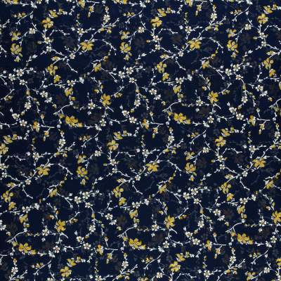 Tkanina Szyfon wzór miodowe kwiatki na granatowym tle
