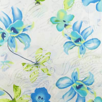 Popelina materiał w kwiaty niebieskie tło białe