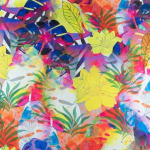 Tkanina Wiskoza Twill – kolorowe kwiaty na kremowym tle