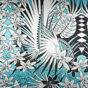 Tkanina Satyna lycra typu Cavalli tropikalne kwiaty niebieska