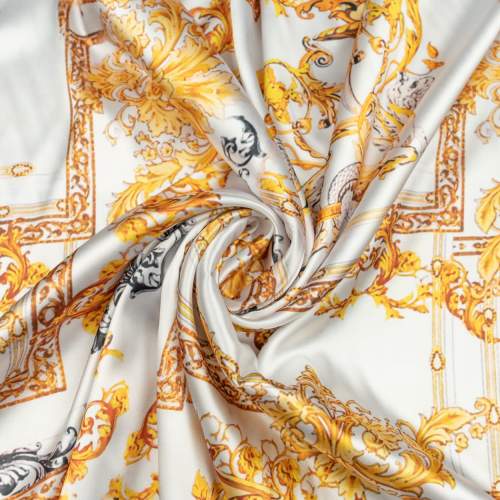 Tkanina Satyna lycra wzór typu versace smoki ornament biel