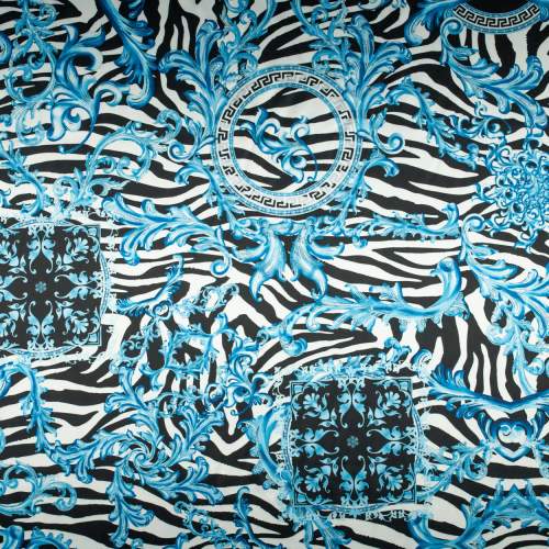 Tkanina Satyna lycra zebra wzór typu versace niebieskie