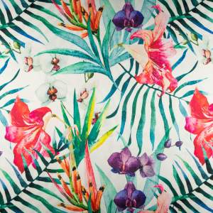 Tkanina Satyna lycra w kwiaty tło kolor perłowa biel