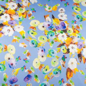 Tkanina Satyna lycra w kwiatki i liscie liliowy fiolet