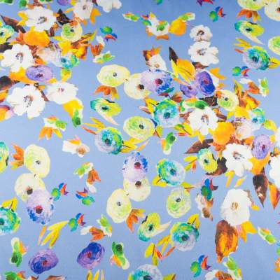 Tkanina Satyna lycra w kwiatki i liscie liliowy fiolet