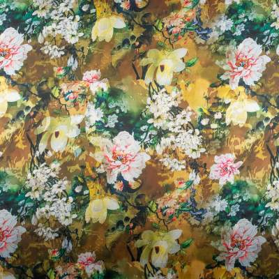 Tkanina Satyna lycra w kwiaty oliwkowy