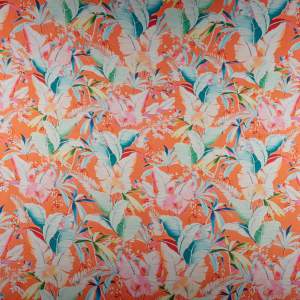 Tkanina Satyna lycra liście tropikalne tło pomarańczowe