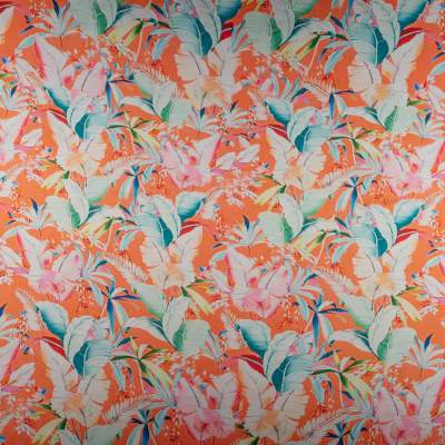 Tkanina Satyna lycra liście tropikalne tło pomarańczowe