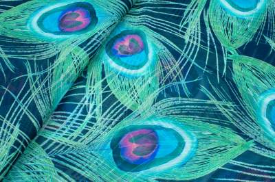 Tkanina szyfon wzór pawie oczka zielone na granatowym tle