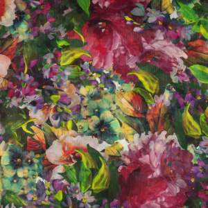 Tkanina Szyfon kreszowany w kwiaty kolor zielony i fiolet 