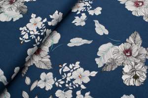 Len z wiskozą kwiaty / tło granatowe