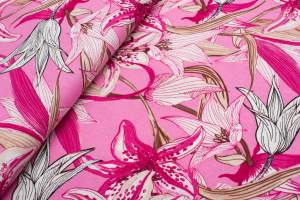 Len z wiskozą białe lilie na różowym tle