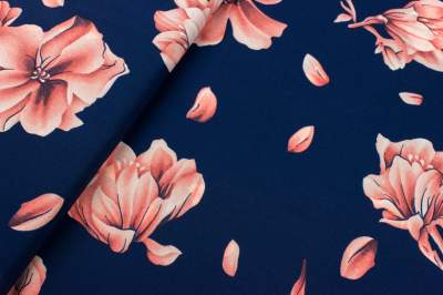 Tkanina kelly krepa wzór kwiaty na granatowym tle